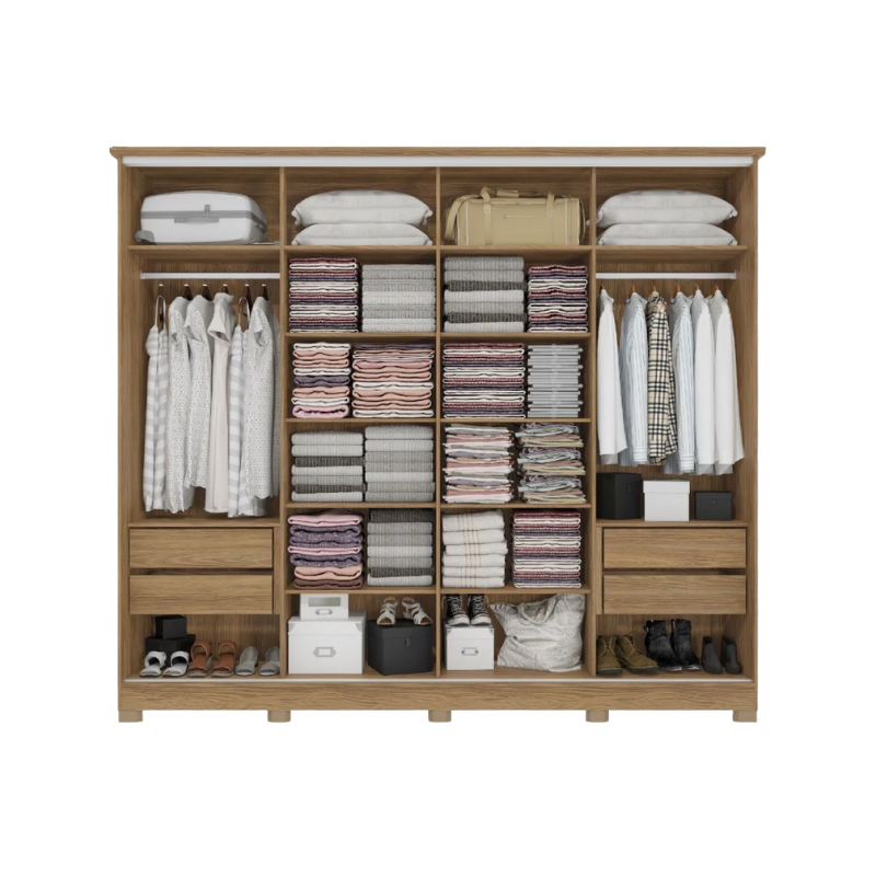 Roupeiro Kappesberg 4 Portas Correr E 4 Gavetas Com Pe E Espelho Nogueira/Macadamia De Madeira CB01N565-NGM