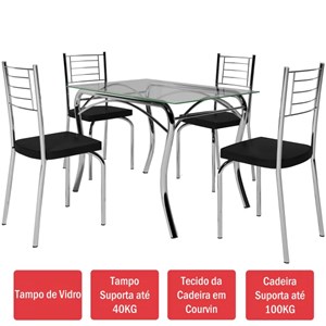 Sala de Jantar Art Panta Lion 1,10X0,70 4 Cadeiras Tampo deVidro Juliana Cromado/Preto