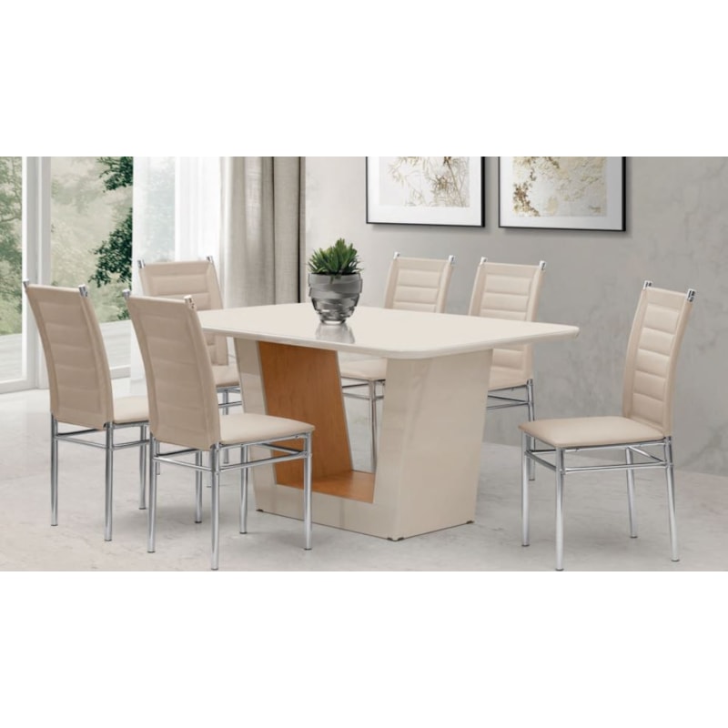Sala De Jantar Art Panta Viena 158x90 Tampo Mdf/Vidro 6 Cadeiras Tokio Comado/Off White/Canela Rusti