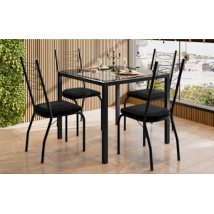Sala de Jantar Artefamol Adriana 0,90X0,90 com Tampo de Vidro Incolor 4 Cadeiras com Assento Semi Fosco Preto