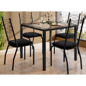 Sala de Jantar Artefamol Adriana 0,90X0,90 com Tampo de Vidro Incolor 4 Cadeiras com Assento Semi Fosco Preto
