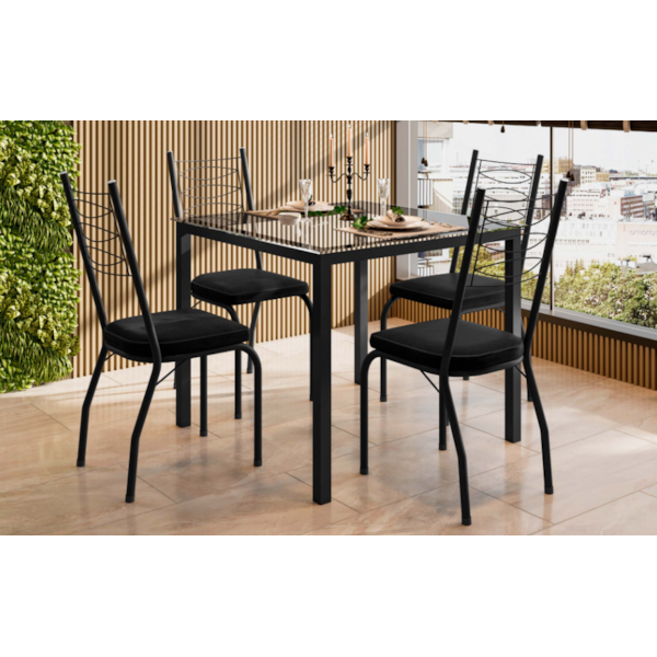 Sala de Jantar Artefamol Adriana 0,90X0,90 com Tampo de Vidro Incolor 4 Cadeiras com Assento Semi Fosco Preto-427f85c2-10ae-4d8a-8eb6-288c2be4cd8e