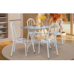 Sala de Jantar Artefamol Bruna 1,10X0,70 com Tampo de Granito 4 Cadeiras Cromado Branco com Assento Floral Cinza