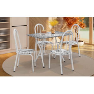 Sala de Jantar Artefamol Bruna 1,10X0,70 com Tampo de Granito 4 Cadeiras Cromado Branco com Assento Floral Cinza