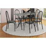 Sala de Jantar Artefamol Bruna 1,40X0,75 com Tampo de Granito 6 Cadeiras Cromado Preto com Assento Preto Flor