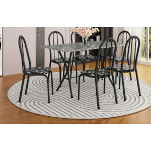 Sala de Jantar Artefamol Bruna 1,40X0,75 com Tampo de Granito 6 Cadeiras Cromado Preto com Assento Preto Flor