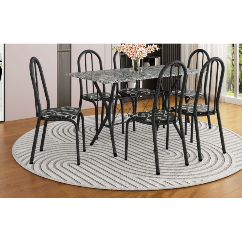Sala de Jantar Artefamol Bruna 1,40X0,75 com Tampo de Granito 6 Cadeiras Cromado Preto com Assento Preto Flor