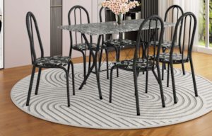 Sala de Jantar Artefamol Bruna 1,40X0,75 com Tampo de Granito 6 Cadeiras Cromado Preto com Assento Preto Flor