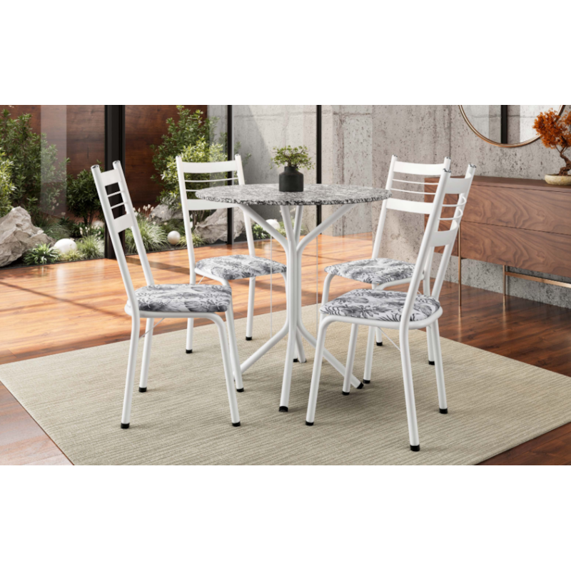 Sala de Jantar Artefamol Dalia 0,80 com Tampo em Granito 4 Cadeiras Cromado Branco com Assento Floral Cinza