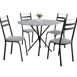 Sala de Jantar Artefamol Leia 0,80 com Tampo de Granito 4 Cadeiras Cromado Preto com Assento Chanel