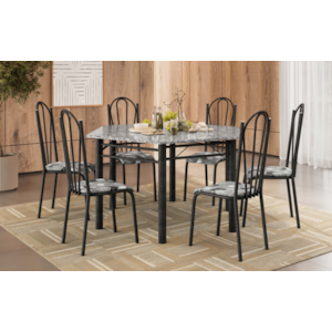 Sala de Jantar Artefamol Lorena Sextavado 1,40X1,20 com Tampo de Granito 6 Cadeiras Cromado Preto com Assento Iguatemi Branco