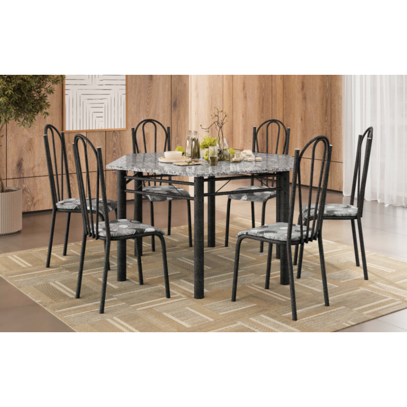 Sala de Jantar Artefamol Lorena Sextavado 1,40X1,20 com Tampo de Granito 6 Cadeiras Cromado Preto com Assento Iguatemi Branco