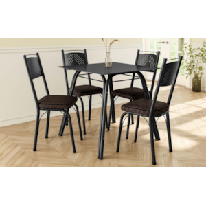 Sala de Jantar Artefamol Lotus 0,75X0,75 com Tampo de Vidro Preto 4 Cadeiras Semi Fosco Preto com Assento Madeira Imbuia 