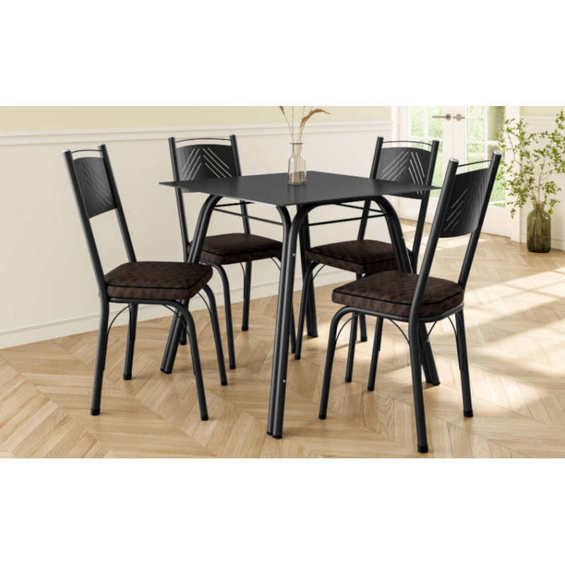Sala de Jantar Artefamol Lotus 0,75X0,75 com Tampo de Vidro Preto 4 Cadeiras Semi Fosco Preto com Assento Madeira Imbuia 