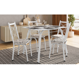 Sala de Jantar Artefamol Lotus 1,07X0,73 com Tampo de Vidro Branco 4 Cadeiras Branco com Assento de Madeira Cedro
