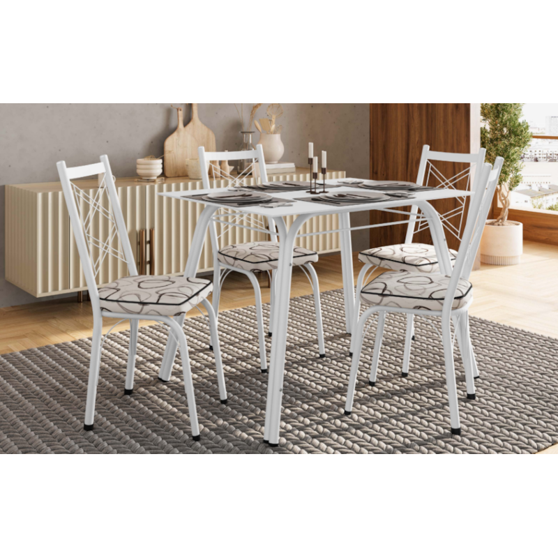 Sala de Jantar Artefamol Lotus 1,07X0,73 com Tampo de Vidro Branco 4 Cadeiras Branco com Assento de Madeira Cedro