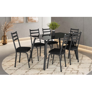 Sala de Jantar Artefamol Lotus 1,40X0,80 com Tampo de Vidro Incolor 6 Cadeiras Semi Fosco Preto com Assento Preto 