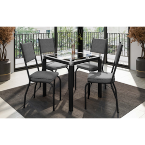 Sala de Jantar Artefamol Malva 0,75X0,75 com Tampo de Vidro Incolor 4 Cadeiras Semi Fosco Preto com Assento e Encosto Platina 
