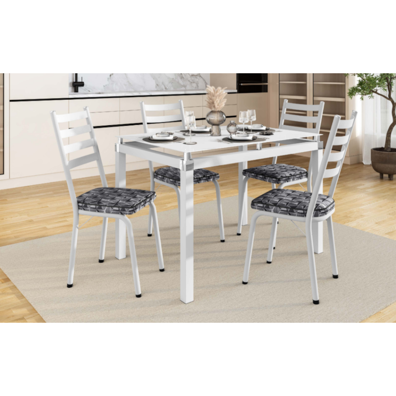 Sala de Jantar Artefamol Malva 1,07X0,73 com Tampo de Vidro Branco 4 Cadeiras Branco com Assento Platina