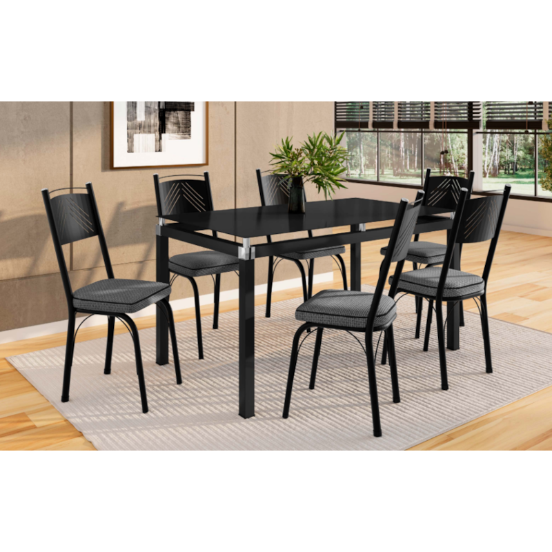 Sala de Jantar Artefamol Malva 1,40X0,80 com Tampo de Vidro Preto 6 Cadeiras Semi Fosco Preto com Assento Platina 