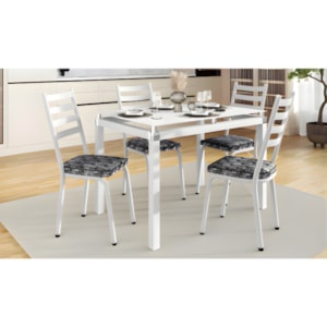 Sala de Jantar Artefamol Malva Mesa 1,07x0,73 com Tampo de Vidro Branco e 4 Cadeiras Brancas com Assento Platina