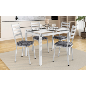 Sala de Jantar Artefamol Malva Mesa 1,07x0,73 com Tampo de Vidro Branco e 4 Cadeiras Brancas com Assento Platina