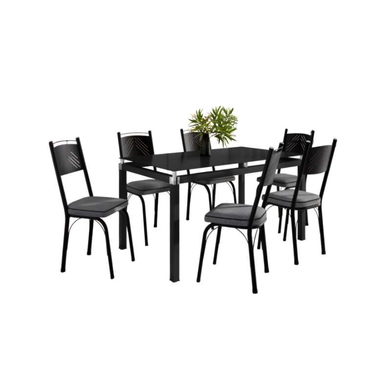 Sala de Jantar Artefamol Malva Mesa 1,40x0,80 com Tampo de Vidro Preto e 6 Cadeiras Semi Fosco Preto com Assento Platina