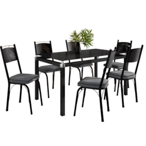 Sala de Jantar Artefamol Malva Mesa 1,40x0,80 com Tampo de Vidro Preto e 6 Cadeiras Semi Fosco Preto com Assento Platina