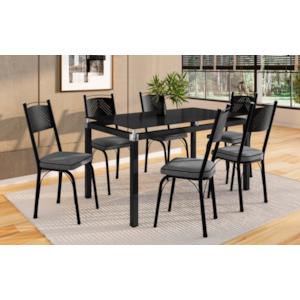 Sala de Jantar Artefamol Malva Mesa 1,40x0,80 com Tampo de Vidro Preto e 6 Cadeiras Semi Fosco Preto com Assento Platina