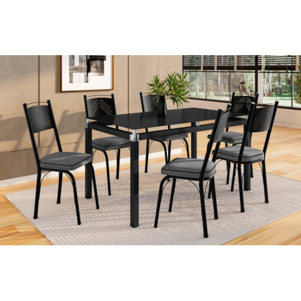 Sala de Jantar Artefamol Malva Mesa 1,40x0,80 com Tampo de Vidro Preto e 6 Cadeiras Semi Fosco Preto com Assento Platina-6c73af5f-8e81-4ce8-8862-9c10ea41adc0