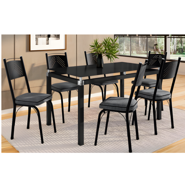 Sala de Jantar Artefamol Malva Mesa 1,40x0,80 com Tampo de Vidro Preto e 6 Cadeiras Semi Fosco Preto com Assento Platina-c8c3995e-0d6d-4f53-ae26-2a76b96a6bab