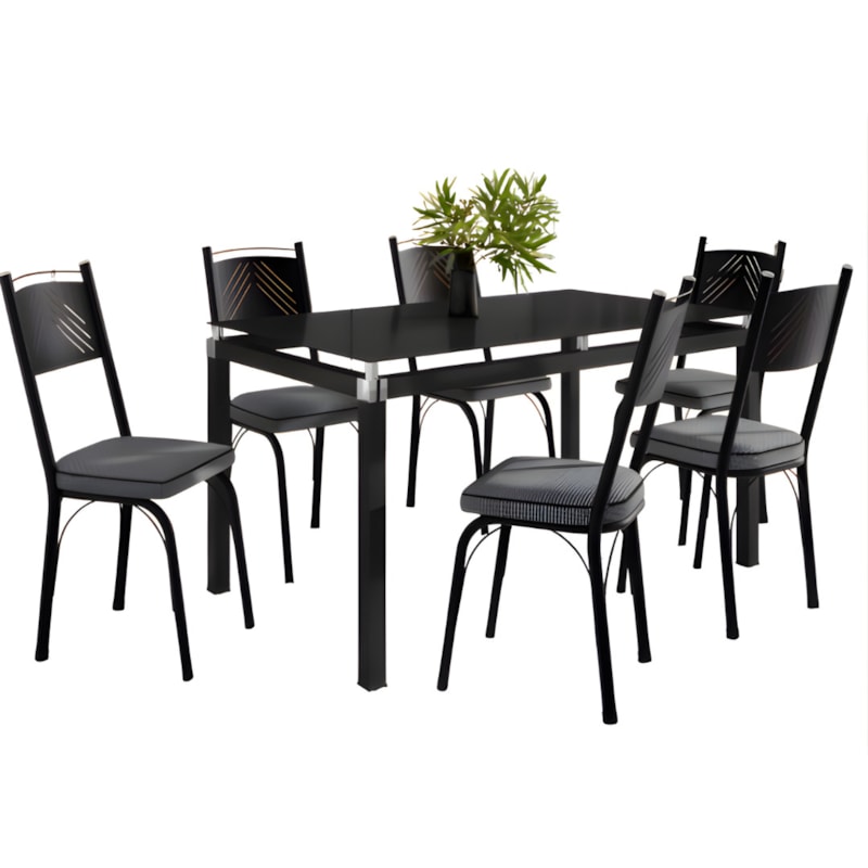 Sala de Jantar Artefamol Malva Mesa 1,40x0,80 com Tampo de Vidro Preto e 6 Cadeiras Semi Fosco Preto com Assento Platina