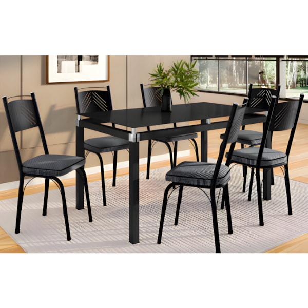 Sala de Jantar Artefamol Malva Mesa 1,40x0,80 com Tampo de Vidro Preto e 6 Cadeiras Semi Fosco Preto com Assento Platina-9b666e00-ac85-44b5-907a-10ae4052131b