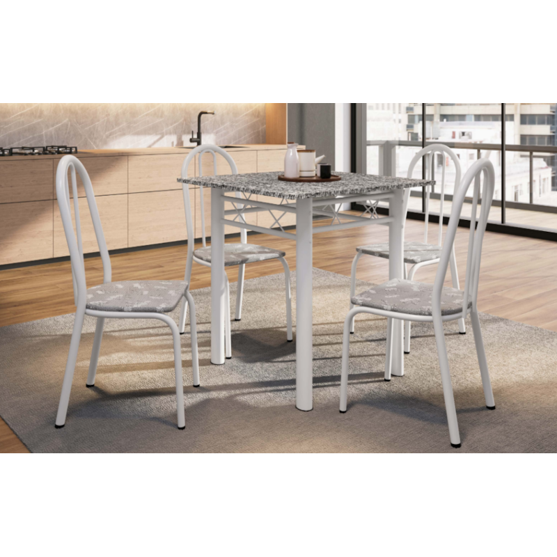 Sala de Jantar Artefamol Palma 0,70X0,70 com Tampo de Granito 4 Cadeiras Branco com Assento Iguatemi Branco