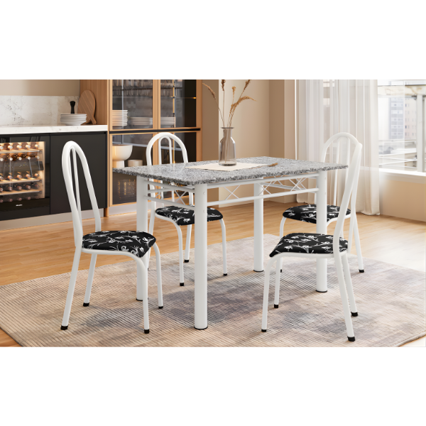 Sala de Jantar Artefamol Sara 1,10X0,70 com Tampo de Granito 4 Cadeiras Branco com Assento Preto Flor-5d238815-c691-4d41-bcce-cd02380cf4eb