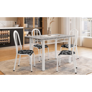 Sala de Jantar Artefamol Sara 1,10X0,70 com Tampo de Granito 4 Cadeiras Branco com Assento Preto Flor