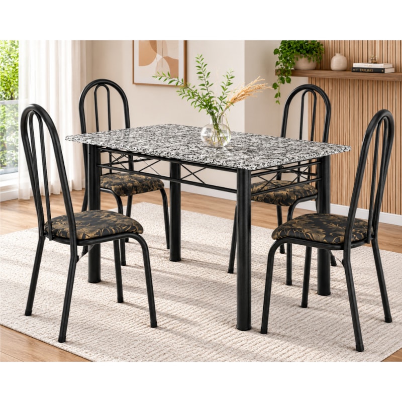 Sala de Jantar Artefamol Sara 1,20 x 0,75m com 4 Cadeiras Cromado Preto 