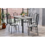 Sala de Jantar Artefamol Sara 1,40X0,75 com Tampo de Granito 6 Cadeiras Cromado Preto com Assento Iguatemi Branco