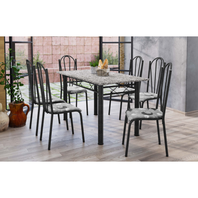 Sala de Jantar Artefamol Sara 1,40X0,75 com Tampo de Granito 6 Cadeiras Cromado Preto com Assento Iguatemi Branco