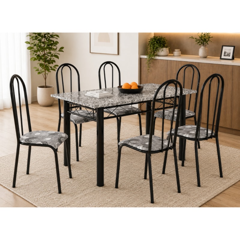 Sala de Jantar Artefamol Sara 1,50 x 0,75m com 6 Cadeiras Cromado Preto 