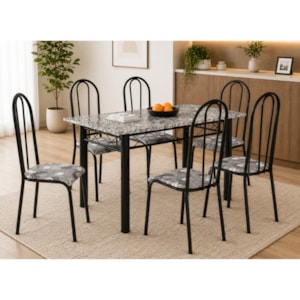 Sala de Jantar Artefamol Sara 1,50 x 0,75m com 6 Cadeiras Cromado Preto
