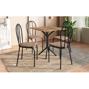 Sala de Jantar Artefamol Thais 0,67X0,67 com Tampo de Madeira BP 4 Cadeiras Cromado Preto com Assento Preto Flor