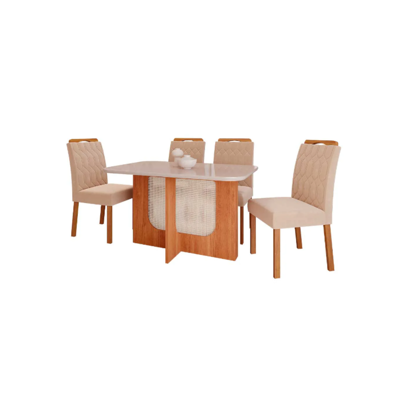 Sala de Jantar Cimol Louise 130X80 Cinamomo/Off White Nude com Vidro Temperado 4 Cadeiras Paola Wood