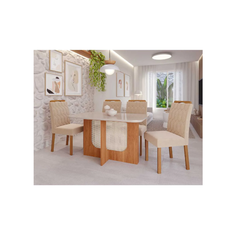 Sala de Jantar Cimol Louise 130X80 Cinamomo/Off White Nude com Vidro Temperado 4 Cadeiras Paola Wood