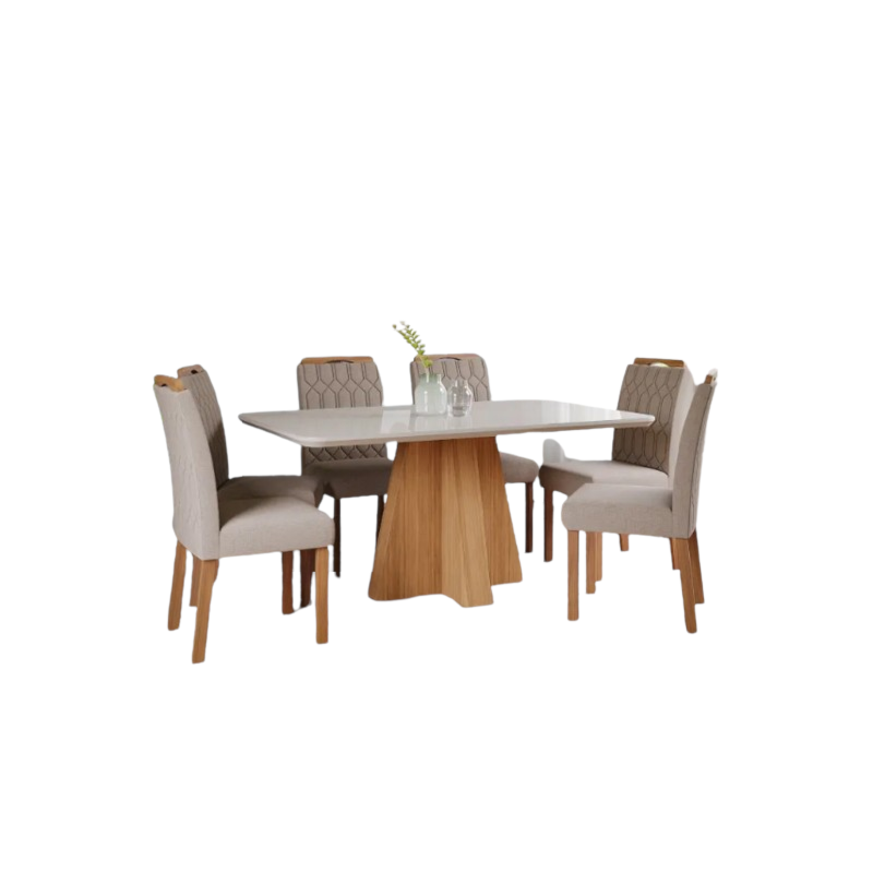 Sala de Jantar Cimol Maite 160X80 Nature/Off White Bege Vidro Temperado com 6 Cadeiras Paola