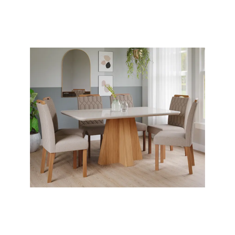 Sala de Jantar Cimol Maite 160X80 Nature/Off White Bege Vidro Temperado com 6 Cadeiras Paola