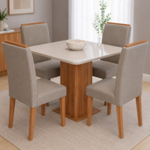 Sala De Jantar Cimol Sophia 0,95X0,95 Com Vidro Com 4 Cadeiras Julia Cinamomo/Off/Linho Grafite