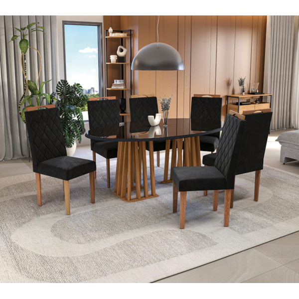Sala de Jantar Kappesberg Alteia com Tampo Oval 180x105 cm em Vidro Preto e 6 Cadeiras de Madeira Camélia Veludo Preto-69e266e2-e29a-46c8-8e35-4f3b8a912f83