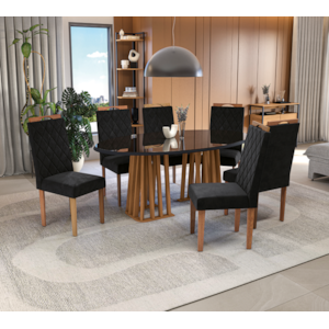 Sala de Jantar Kappesberg Alteia com Tampo Oval 180x105 cm em Vidro Preto e 6 Cadeiras de Madeira Camélia Veludo Preto