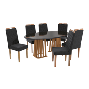 Sala de Jantar Kappesberg Alteia com Tampo Oval 180x105 cm em Vidro Preto e 6 Cadeiras de Madeira Camélia Veludo Preto